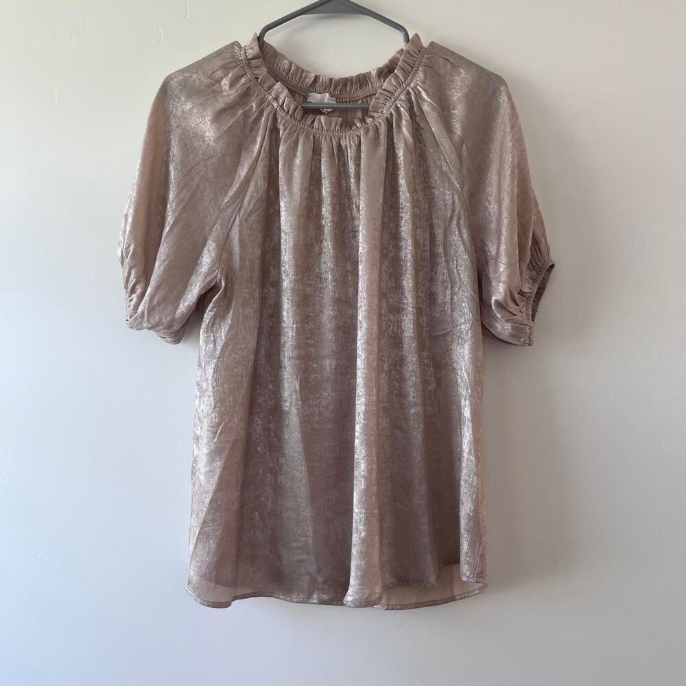 Andree By Unit Metallic Rose Gold Blouse M Short Sleeve Shimmer Top Medium